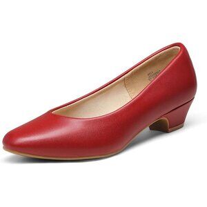 Dream Pairs Women's Red Pu Closed Pointed Toe Low Chunky Heel Pump Shoes